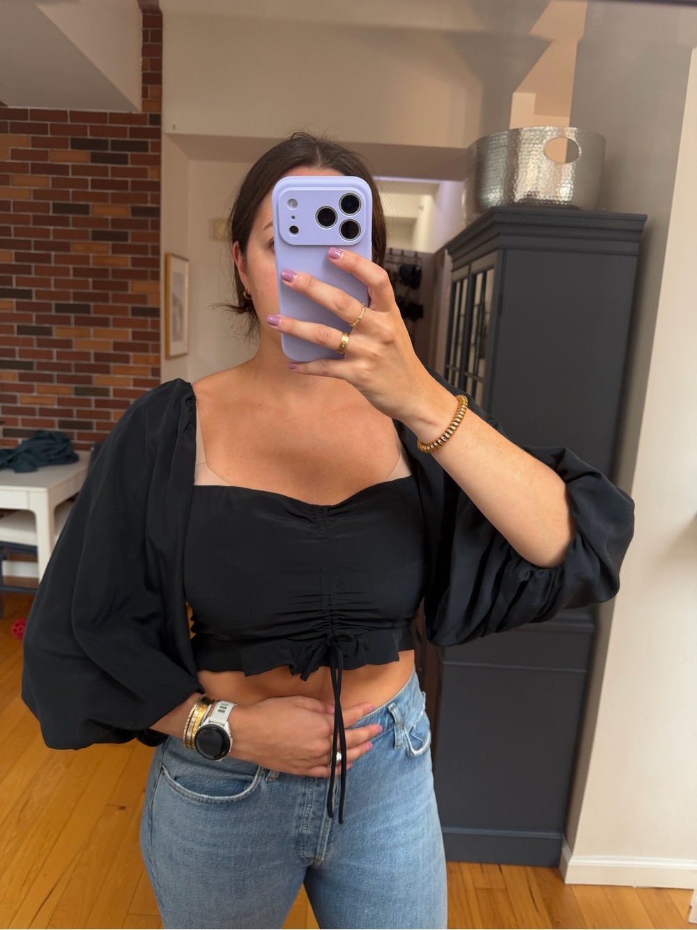 Show me your MuMu Black Puff-Sleeve Ruched Crop Top - Women